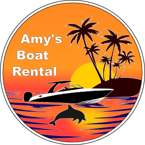 Logo with rental boat, sunset, dolphin and beach - Amy's Boat Rental Cape Coral Florida